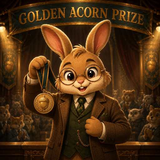 Prof. Burrowes, a studious rabbit, accepting the Golden Acorn Prize